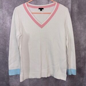 Talbots Womens Large Ivory Ribbed VNeck Cotton Cashmere Blend Sweater Pink Blue